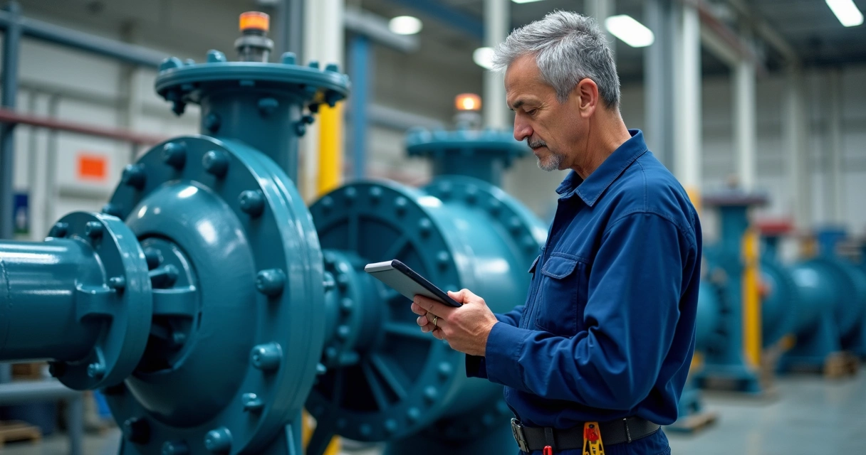 Técnico experiente inspecionando equipamento industrial 