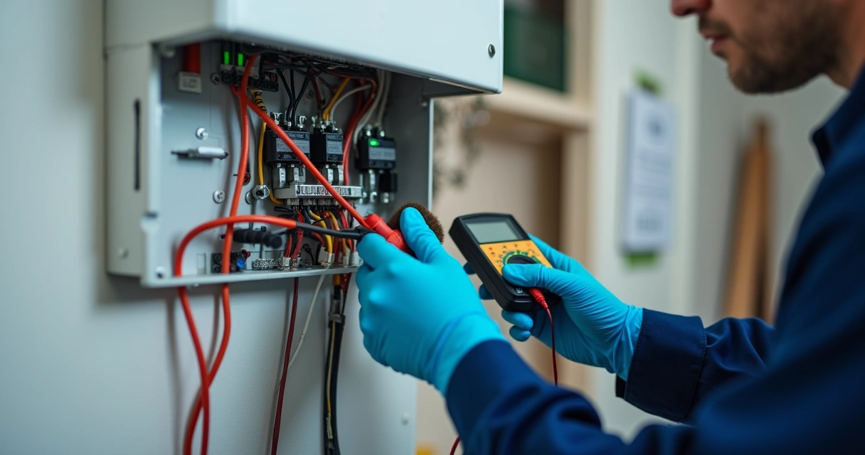 Técnico realiza manutenção em inversor solar residencial 