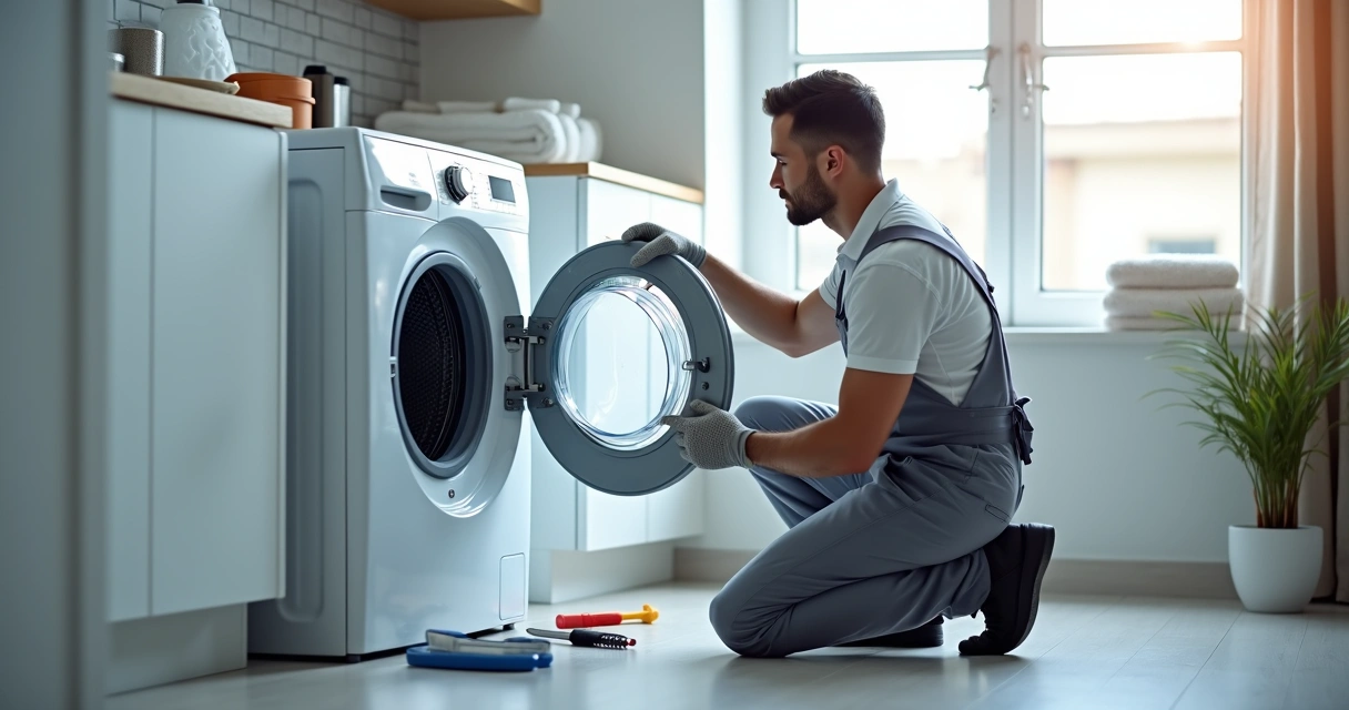 Técnico fazendo manutenção em máquina de lavar 
