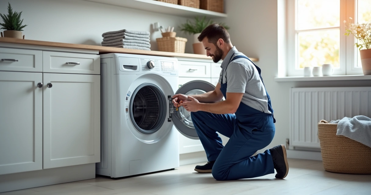 Técnico revisando máquina de lavar aberta em lavanderia doméstica 