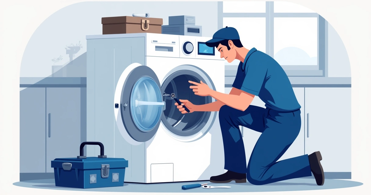 Técnico arrumando lavadora de roupas e usando ferramentas 