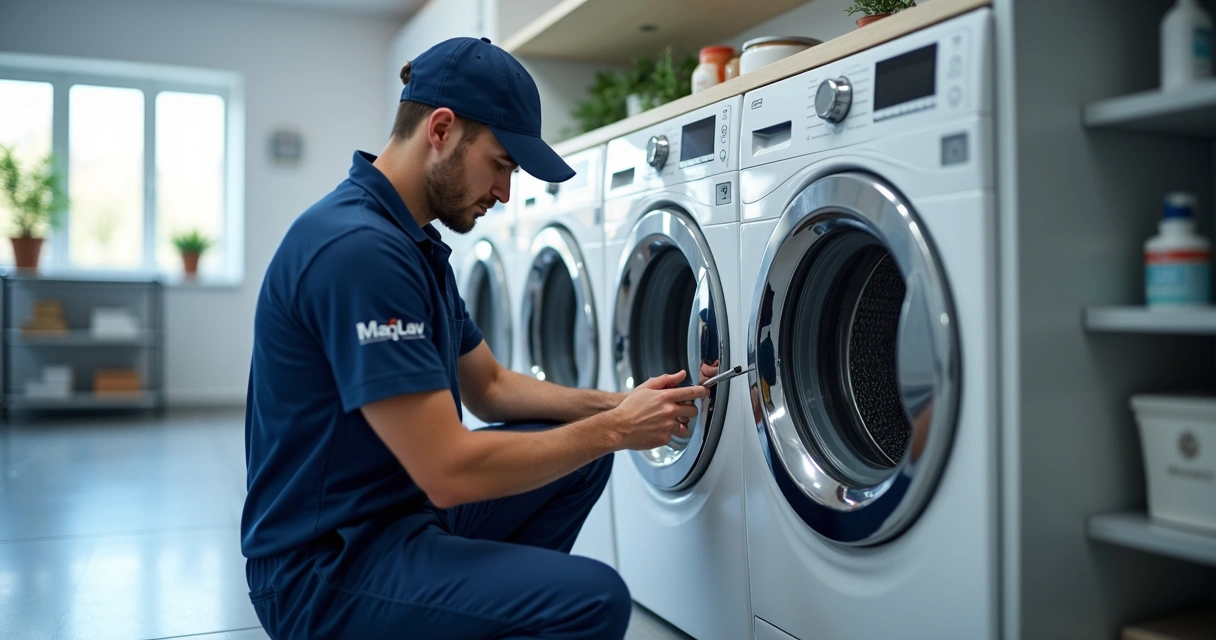 Técnico da MaqLav fazendo revisão em máquina de lavar 
