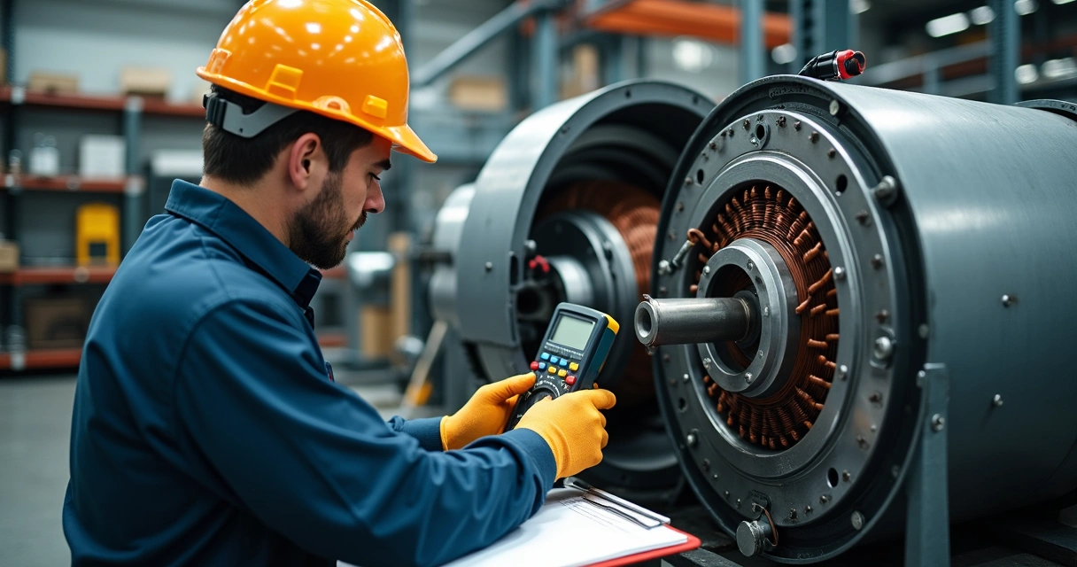 Técnico inspecionando motor elétrico industrial aberto com equipamentos 