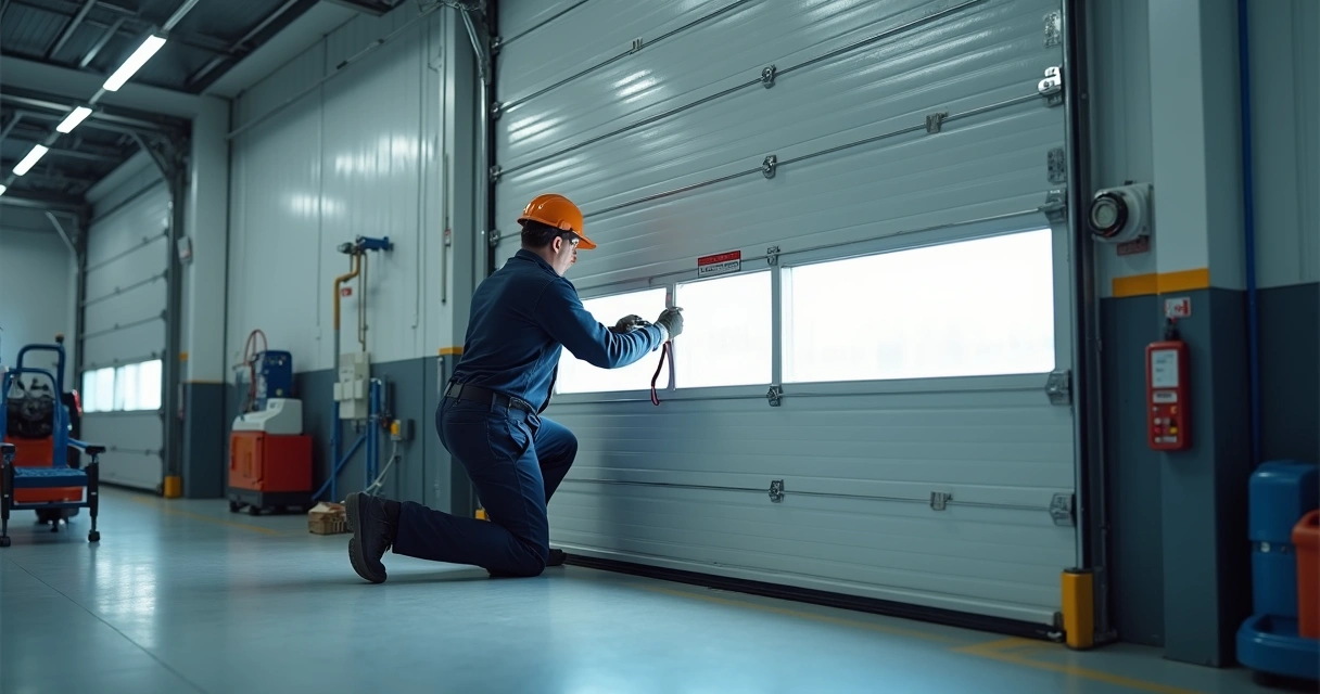 Técnico especializado realizando manutenção em porta automática de loja 