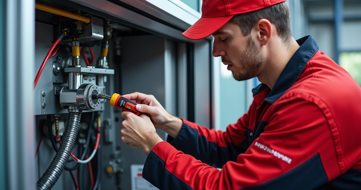 Técnico realizando manutenção em sistema de motor de porta automática