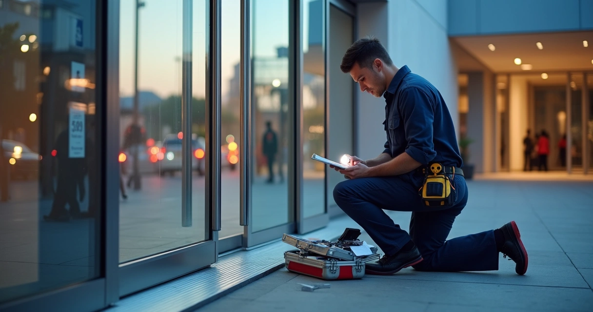 Técnico ajustando porta automática de vidro em fachada comercial moderna 