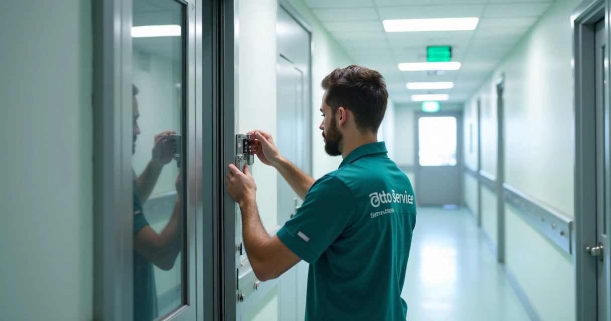 Técnico faz manutenção em porta automática em clínica 