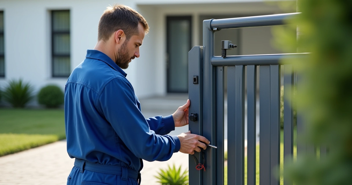 Técnico realizando manutenção em portão automático com ferramentas em área residencial 
