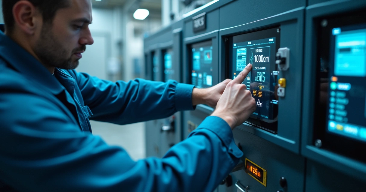 Técnico inspecionando painel de controle de climatização 