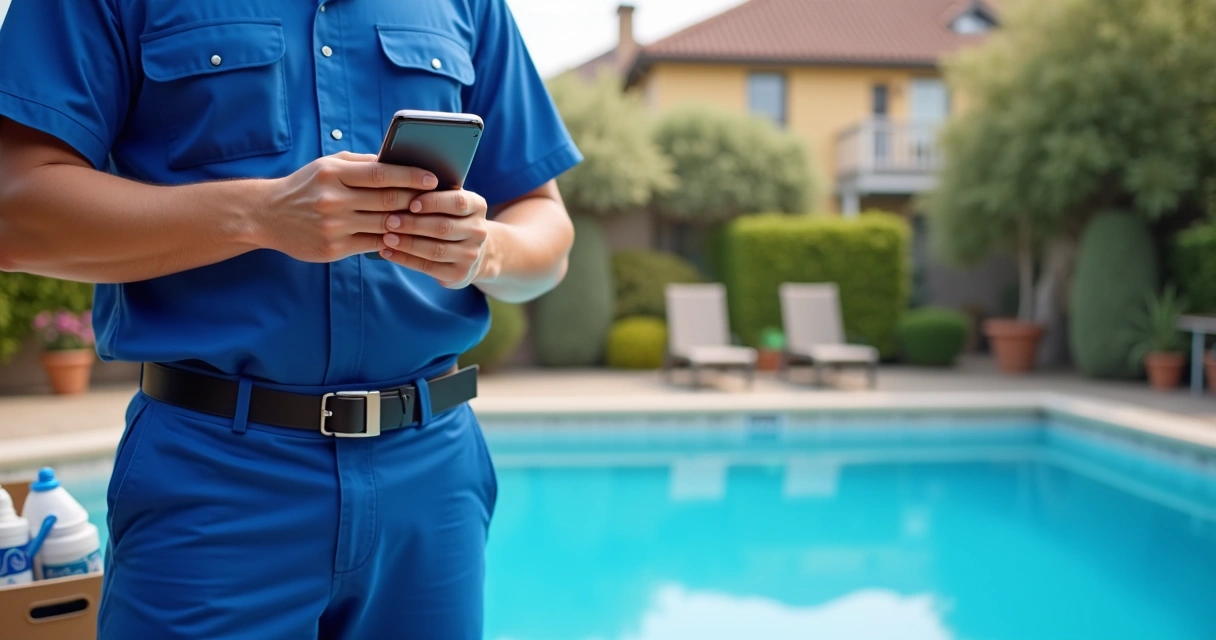Técnico de manutenção conferindo rota em aplicativo ao lado de piscina 