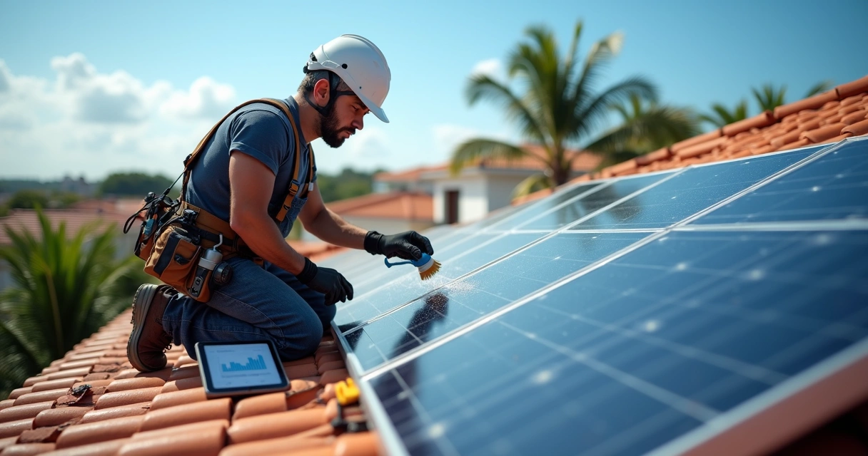 Técnico realiza manutenção em telhado com placas solares limpas 