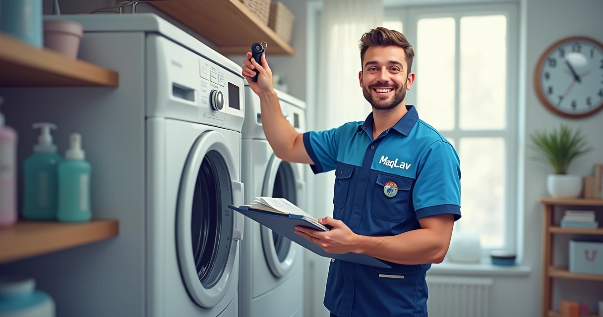 Técnico uniformizado da MaqLav sorrindo, próximo a máquina de lavar 