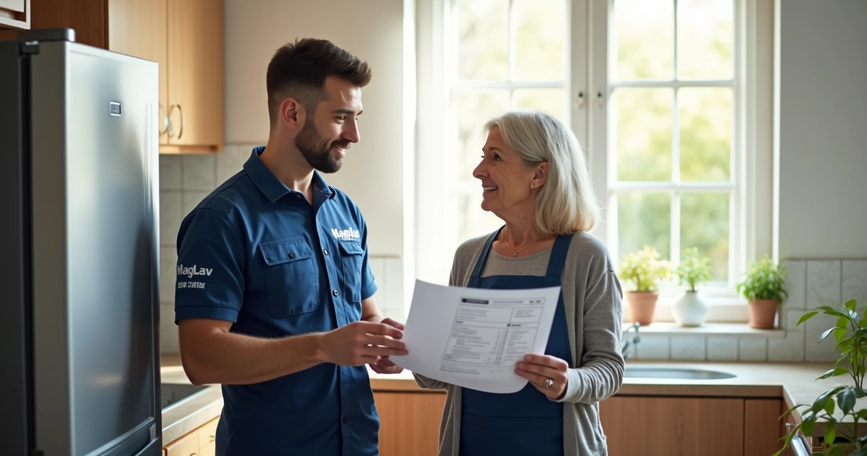 Técnico em frente à geladeira conversando com cliente 