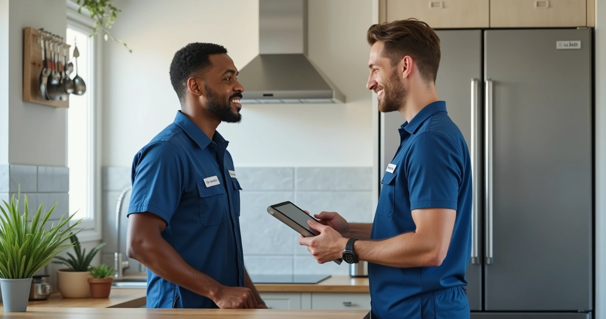 Técnico da MaqLav conversando com cliente em ambiente doméstico 
