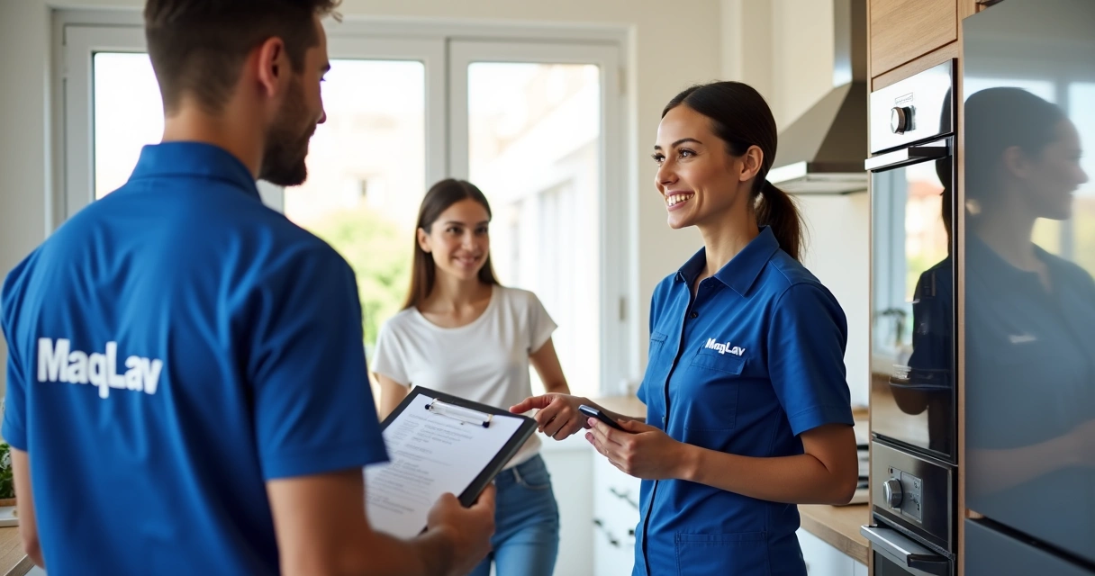 Técnicos da MaqLav conversando com cliente 