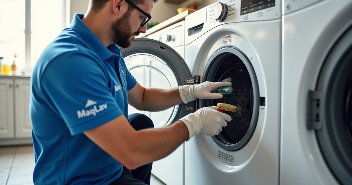 Técnico limpando máquina de lavar residencial, camisa polo azul 
