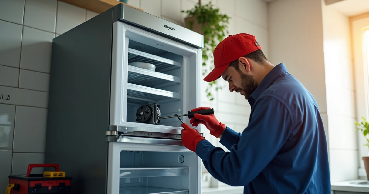 Técnico uniformizado da MaqLav ajustando motor de refrigerador 