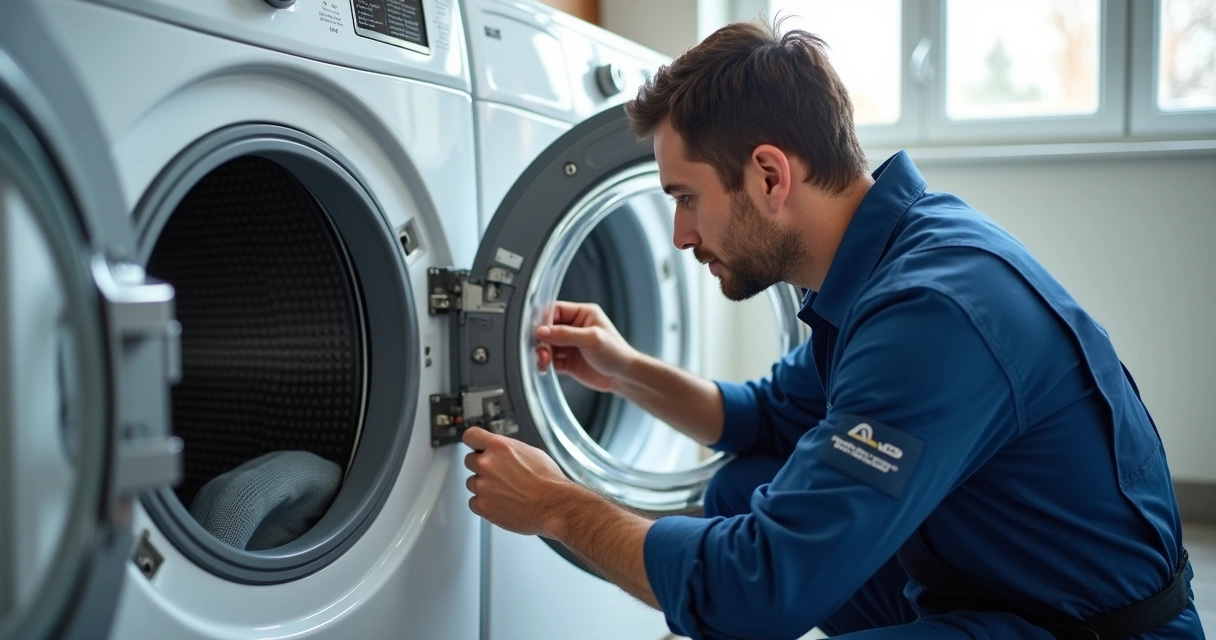 Técnico de manutenção analisando máquina de lavar aberta 