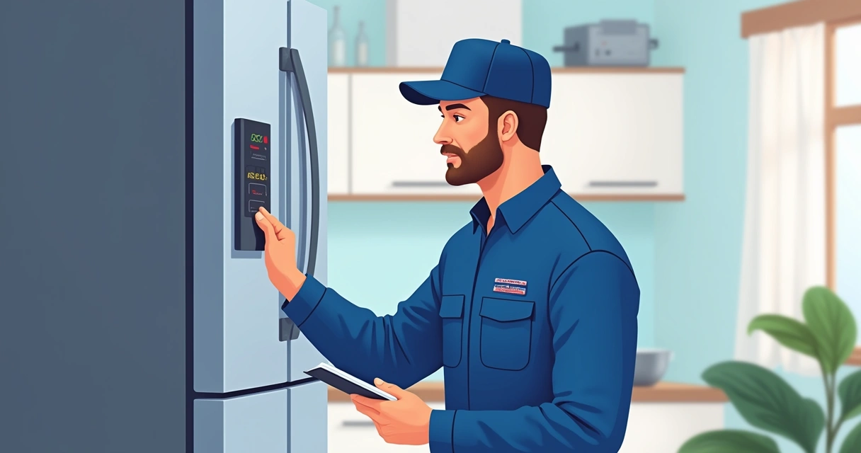 Técnico da MaqLav consultando código de erro no visor da geladeira 