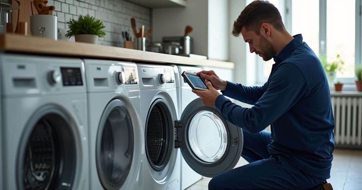 Técnico analisando painel eletrônico de máquina de lavar 