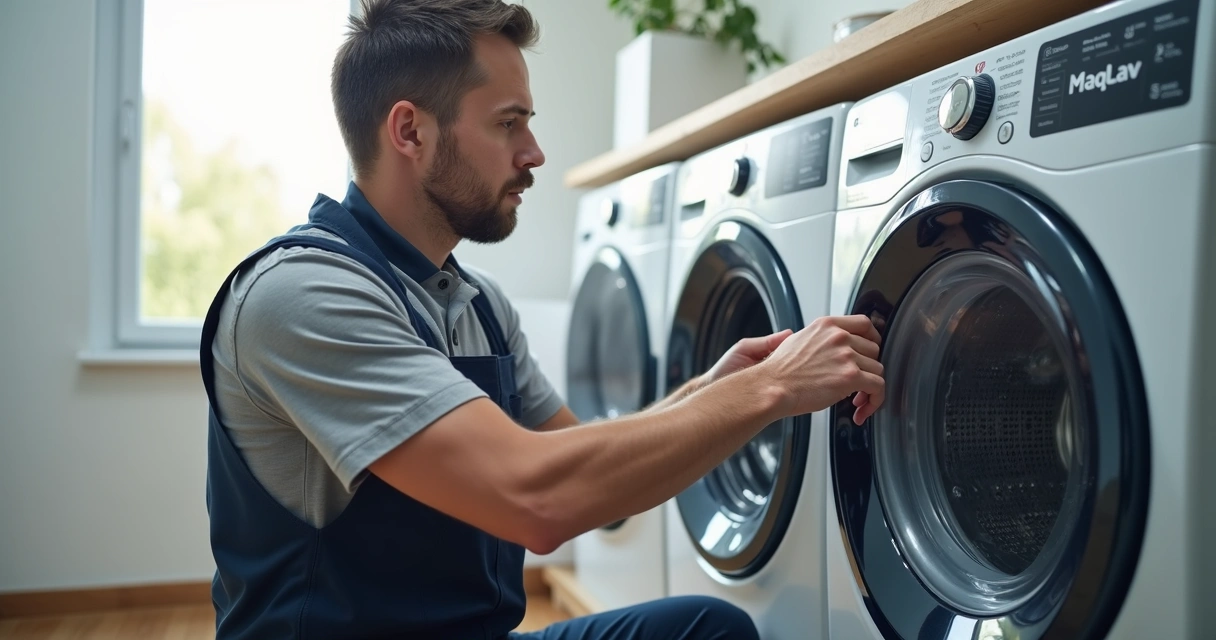 Técnico da MaqLav instalando filtro em máquina LG 