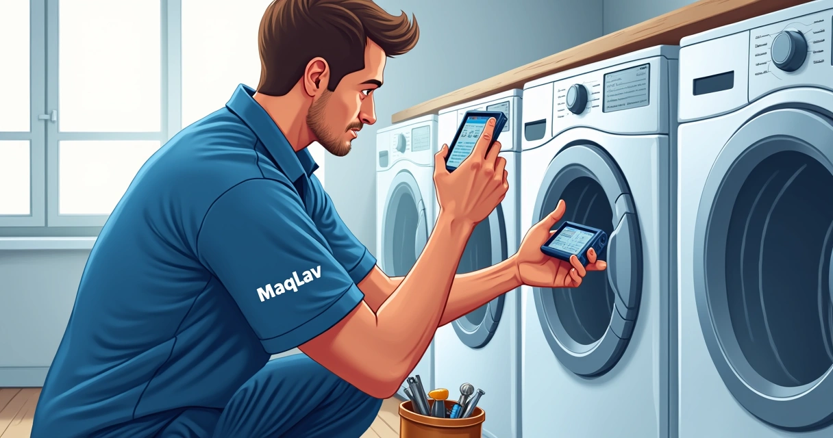 Técnico em frente a lavadora analisando painel 