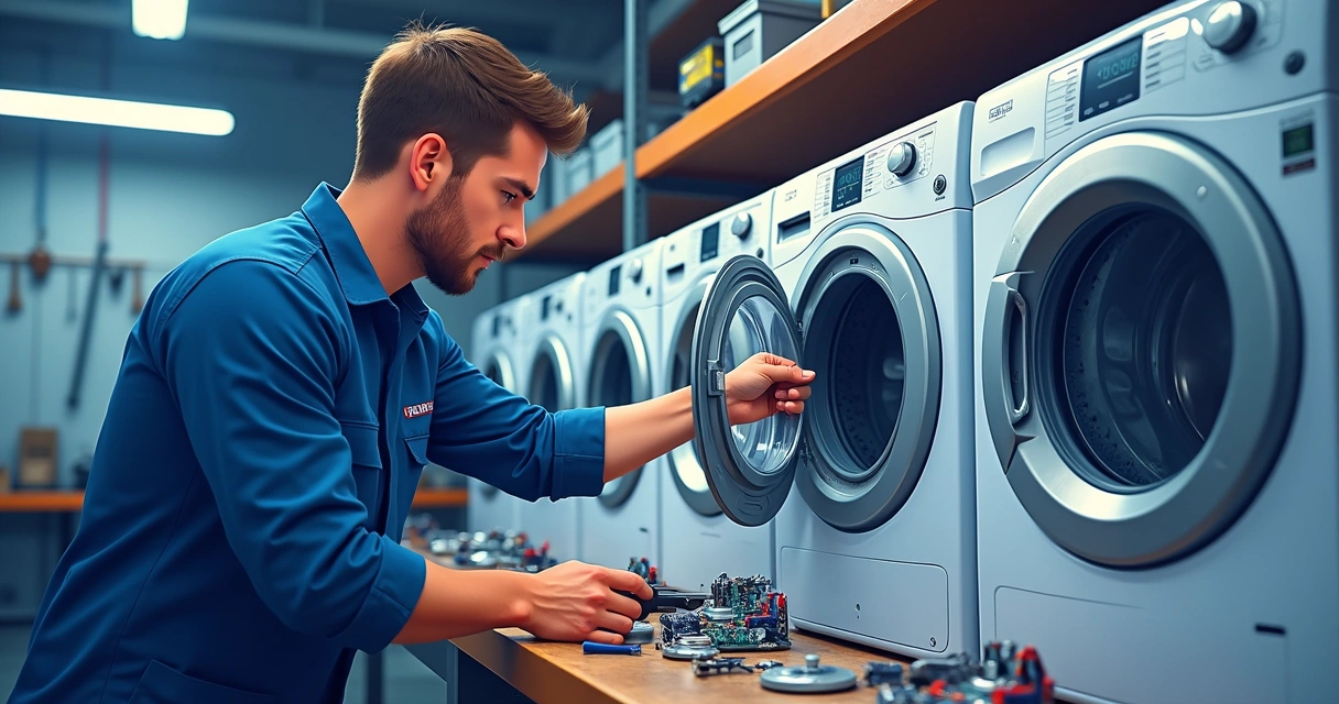 Técnico da MaqLav realizando manutenção em painel eletrônico 