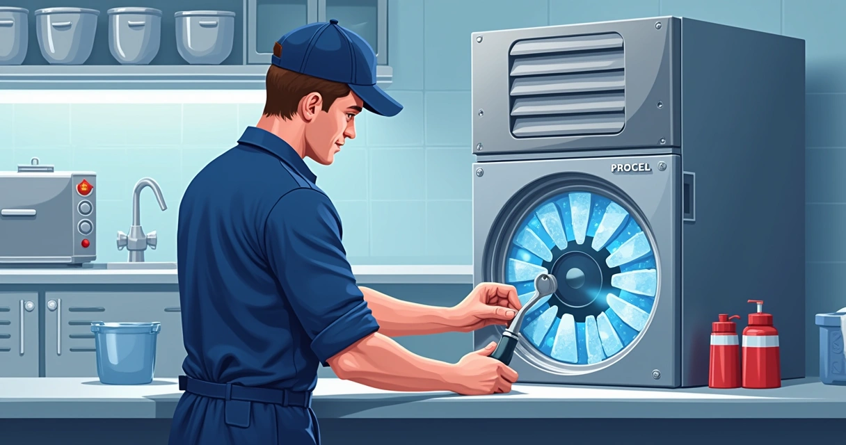 Técnico fazendo manutenção em máquina de gelo profissional 