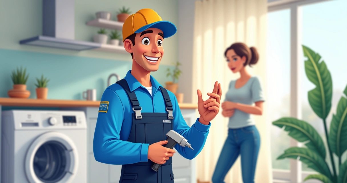 Técnico uniformizado da MaqLav sorrindo ao lado de máquina de lavar 