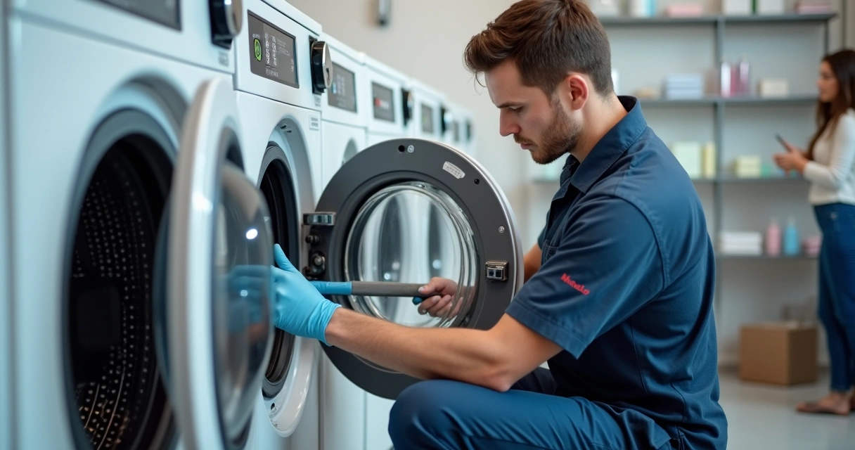 Técnico em uniforme MaqLav consertando máquina de lavar roupa