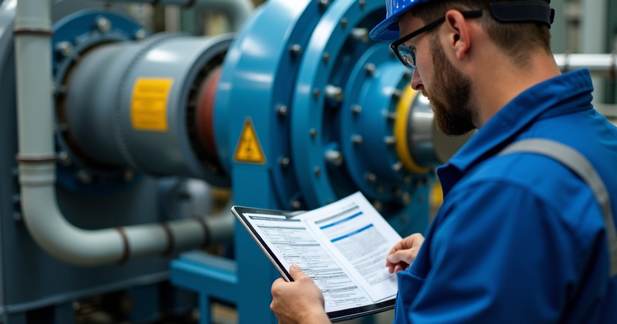 Técnico utiliza manual próximo a máquina industrial