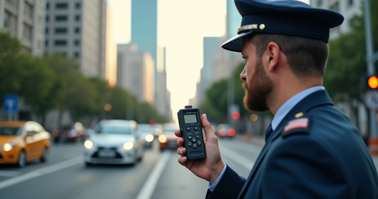 Técnico usando decibelímetro em área urbana 