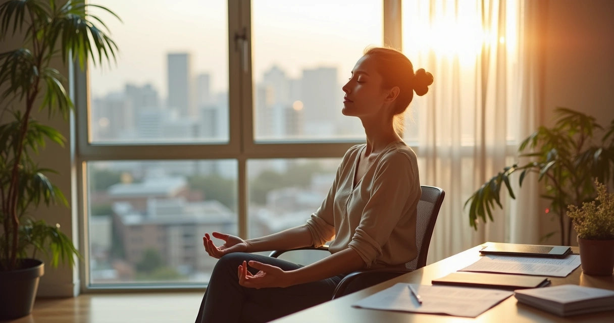 Profesional de oficina meditando brevemente en el escritorio 