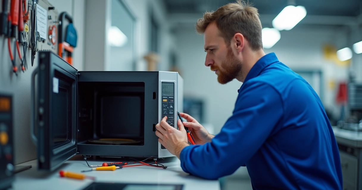 Técnico analisando micro-ondas desmontado na bancada 