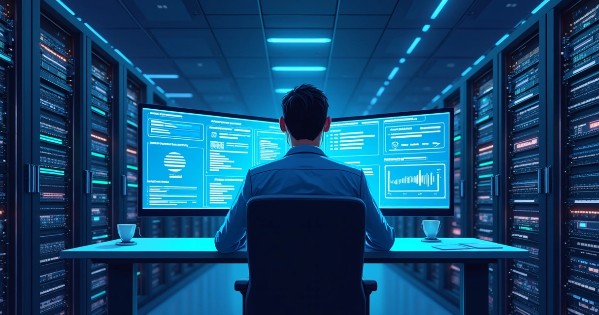 Técnico monitorando servidores em sala com equipamentos de TI e telas de monitoramento 