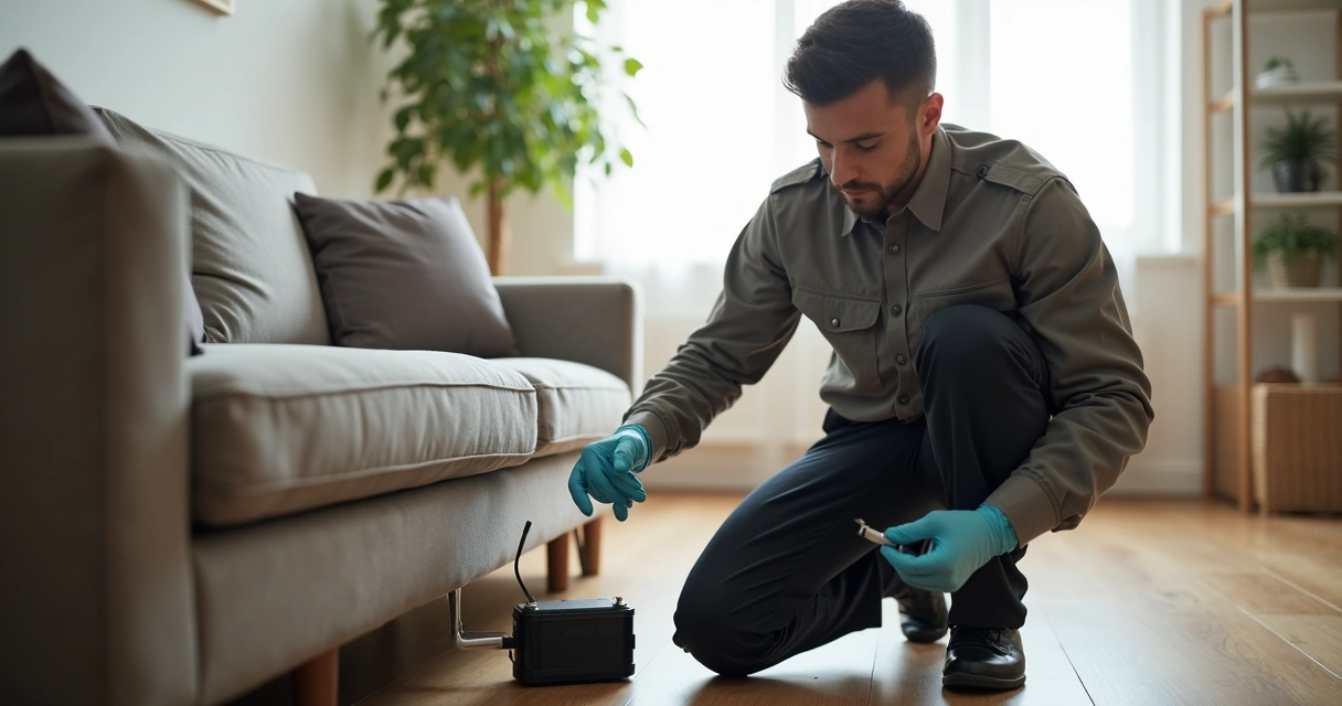 Técnico monitorando armadilha para pragas em ambiente residencial 