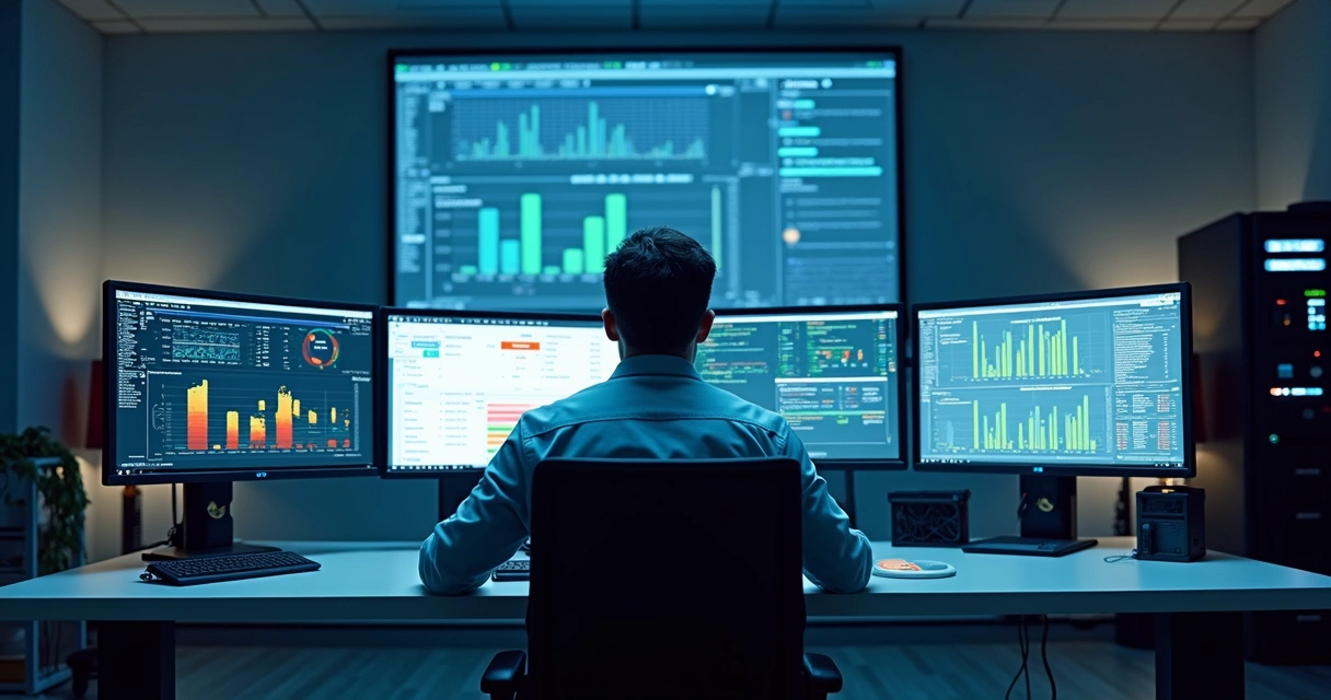 Técnico de TI monitora vários sistemas em telas em uma sala de controle 