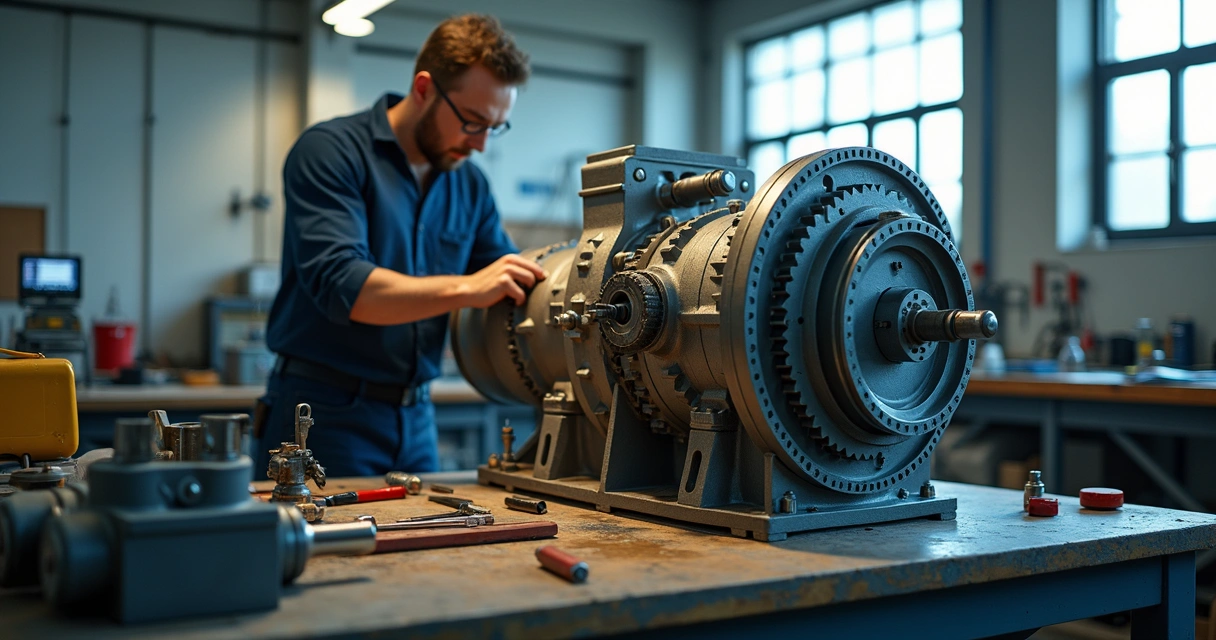 Técnico instalando redutor industrial em oficina especializada. 