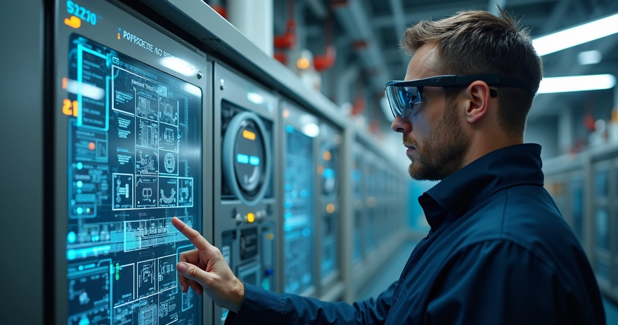 Técnico com óculos inteligentes diante de painel industrial 