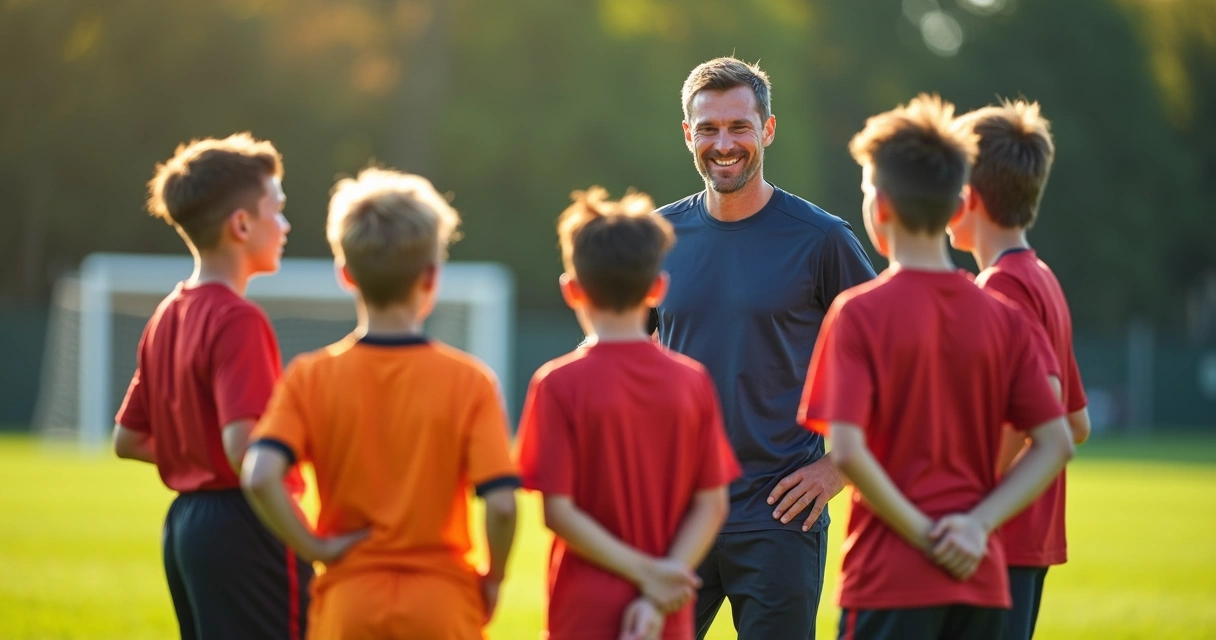 Técnico de futebol e pais sorrindo junto aos atletas de base após treino 