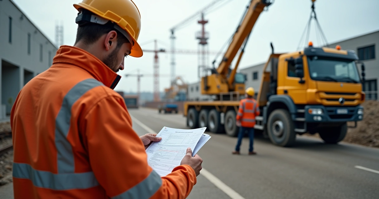 Técnico analisando planejamento de içamento seguro com caminhão munck