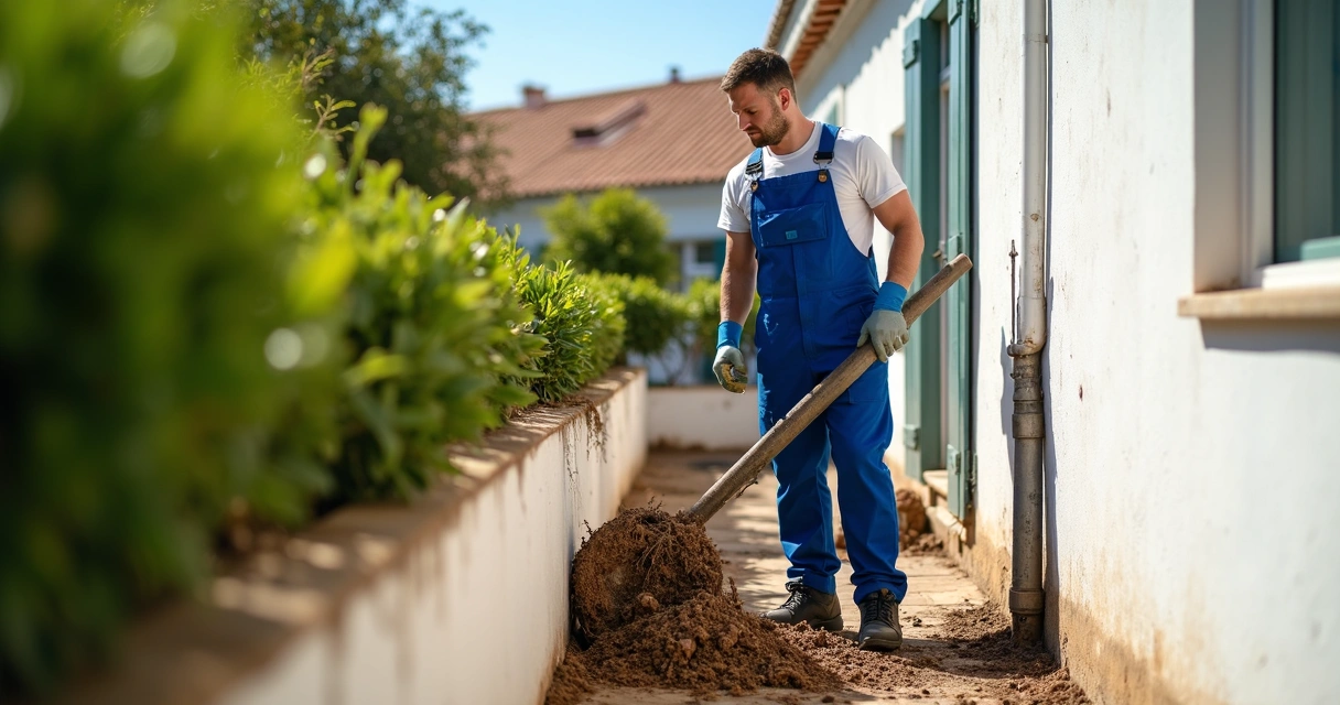 Técnico de desentupimento a atuar num sistema pluvial exterior no Algarve 