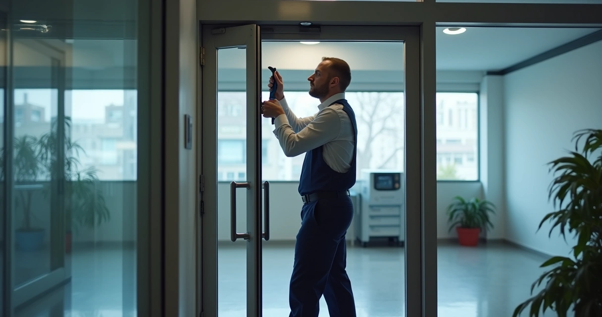 Técnico ajustando porta automática comercial 