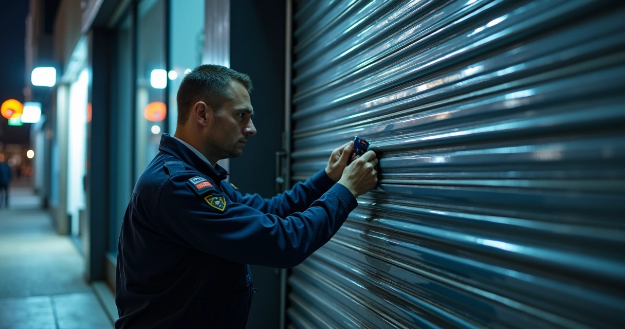 Técnico faz manutenção em porta automática durante a noite 
