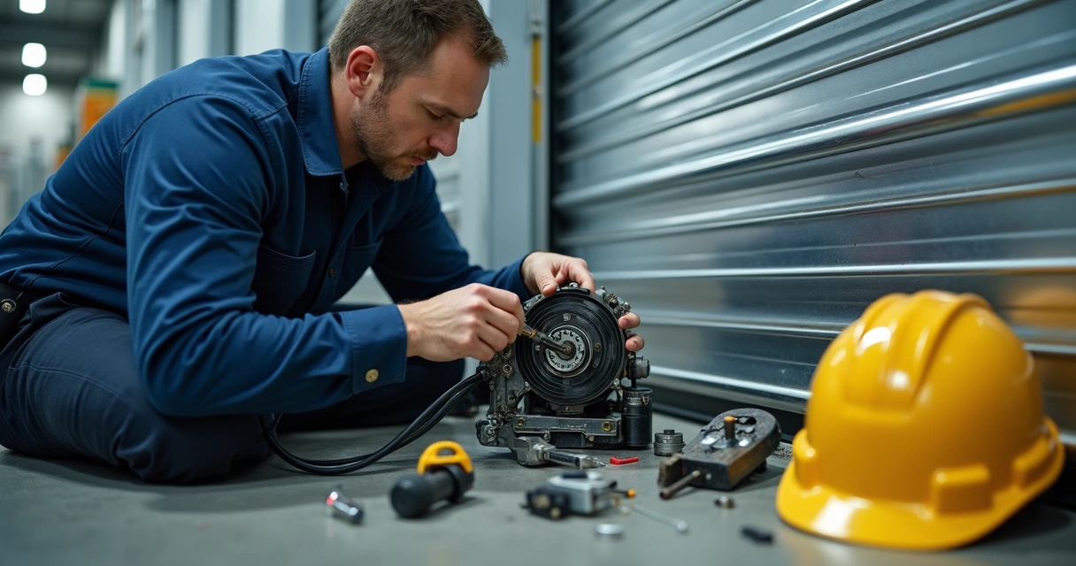 Técnico faz reparo de porta automática 