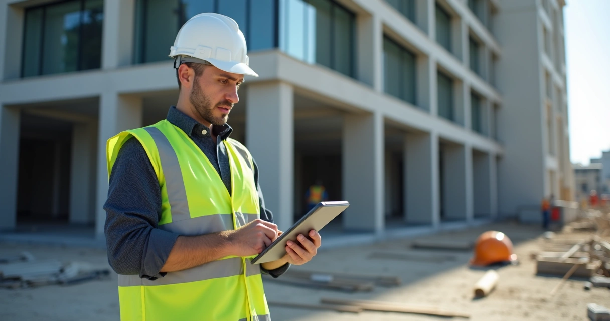 Técnico preenchendo relatório digital em obra 