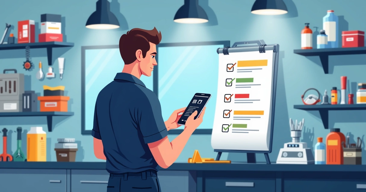 Funcionário preenchendo checklist digital em smartphone na oficina
