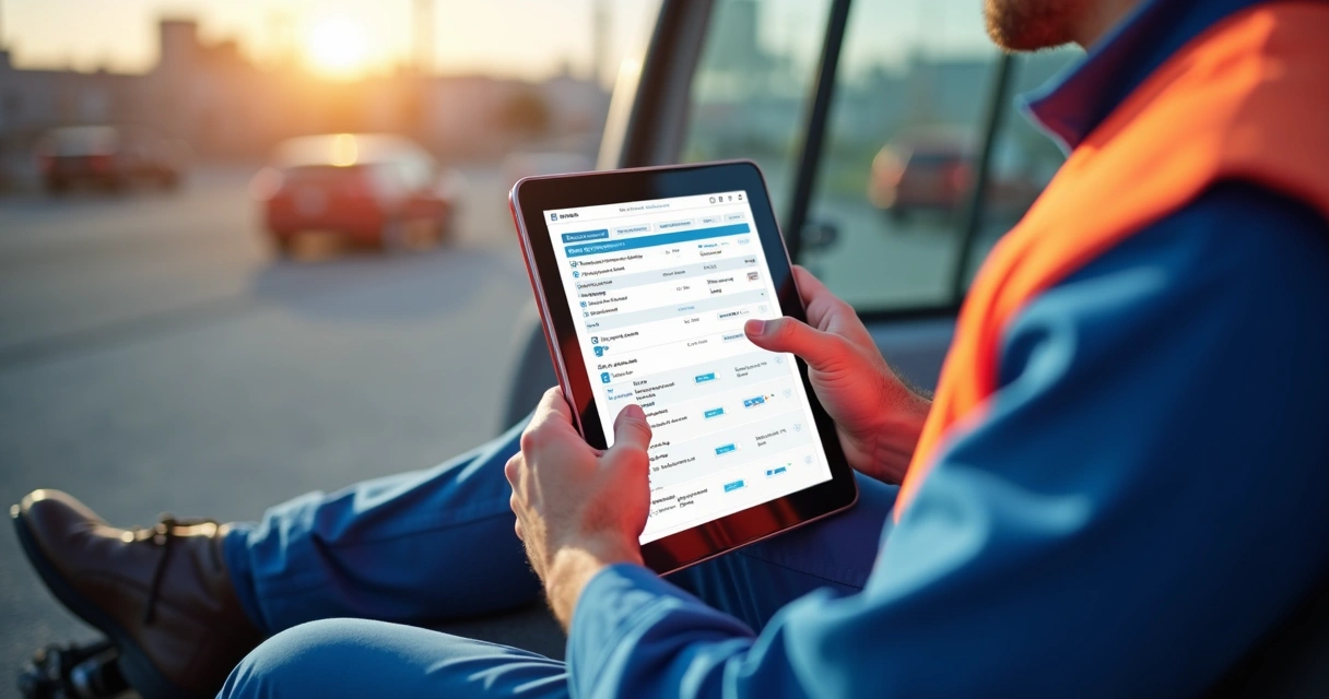 Técnico preenchendo formulário digital em tablet ao ar livre durante atendimento de serviço 
