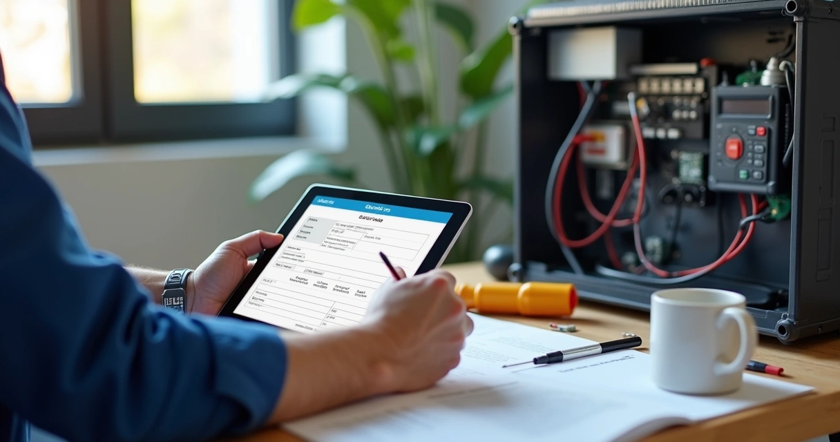 Técnico preenchendo formulário digital com tablet e ferramentas em mesa