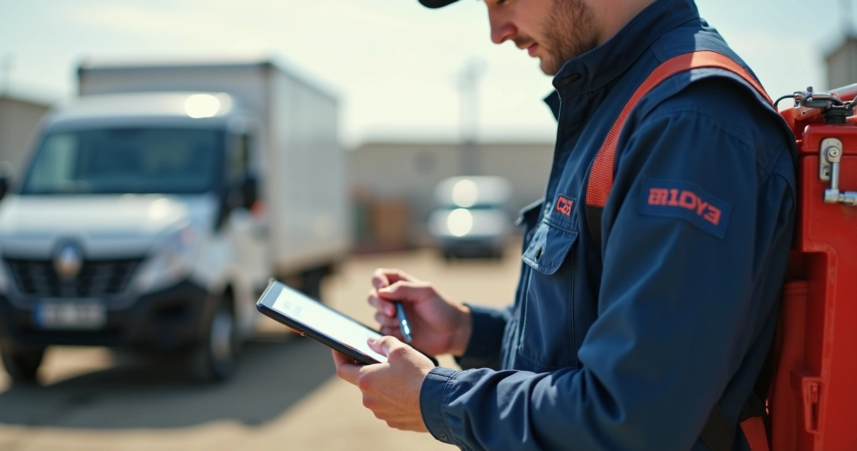 Técnico com tablet preenchendo formulário digital em campo 